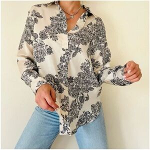 H&M Cream Button-Down Blouse with Black Floral Print